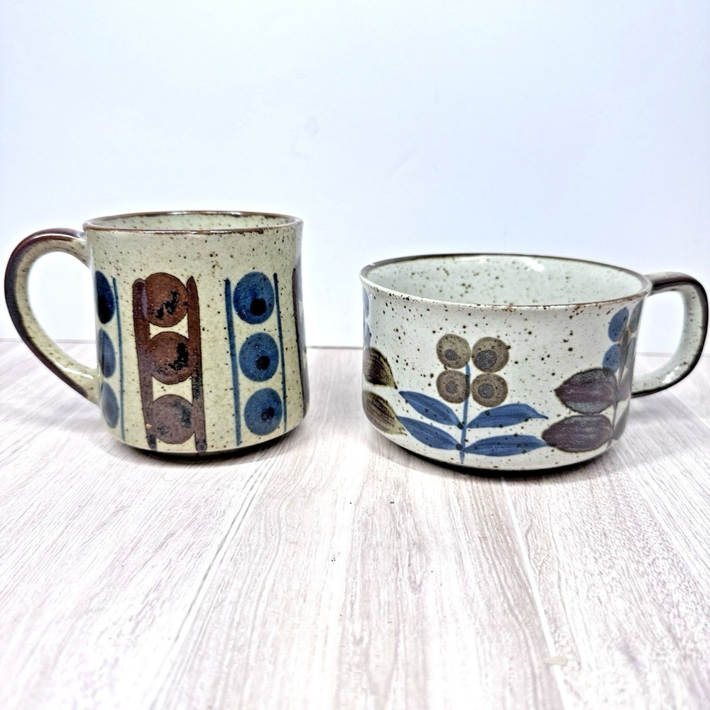 Vintage MCM Studio Pottery‎ Soup Mug & Coffee Mug Set Blue Brown Floral Speckled